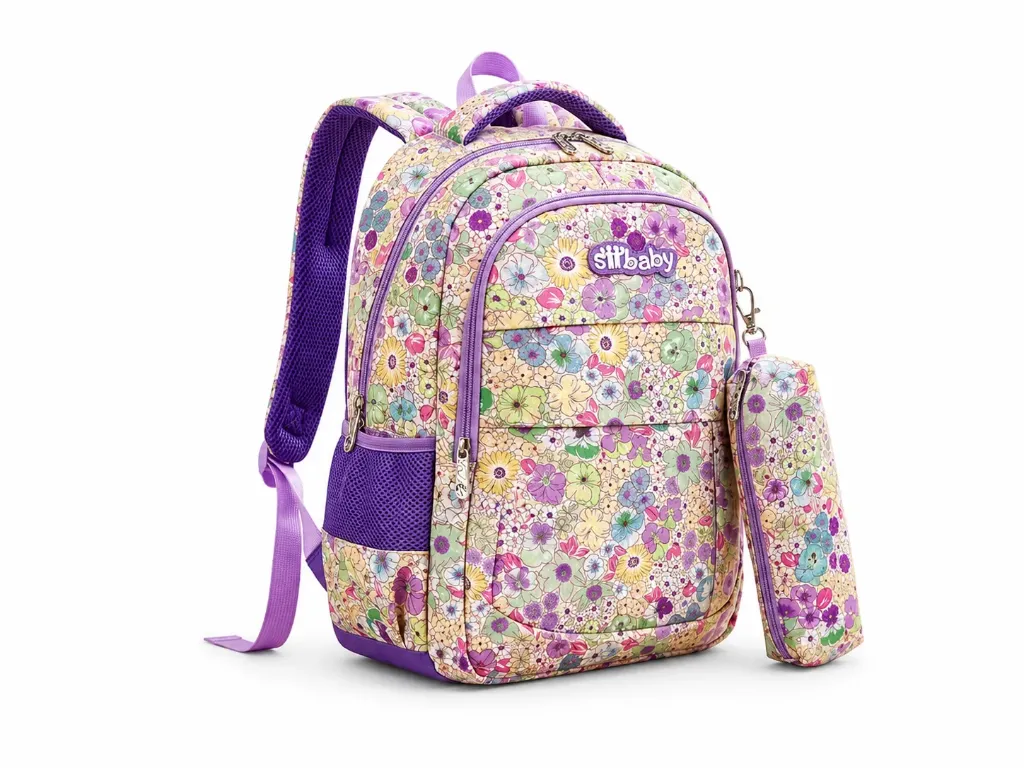 [SAC-C025] Cartable Fille Fleuri Violet – Avec Trousse Assortie